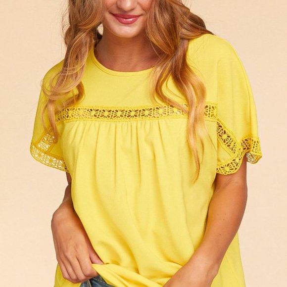 Yellow Crepe Crochet Yoke Dolman Sleeve Top - Picture 4 of 4